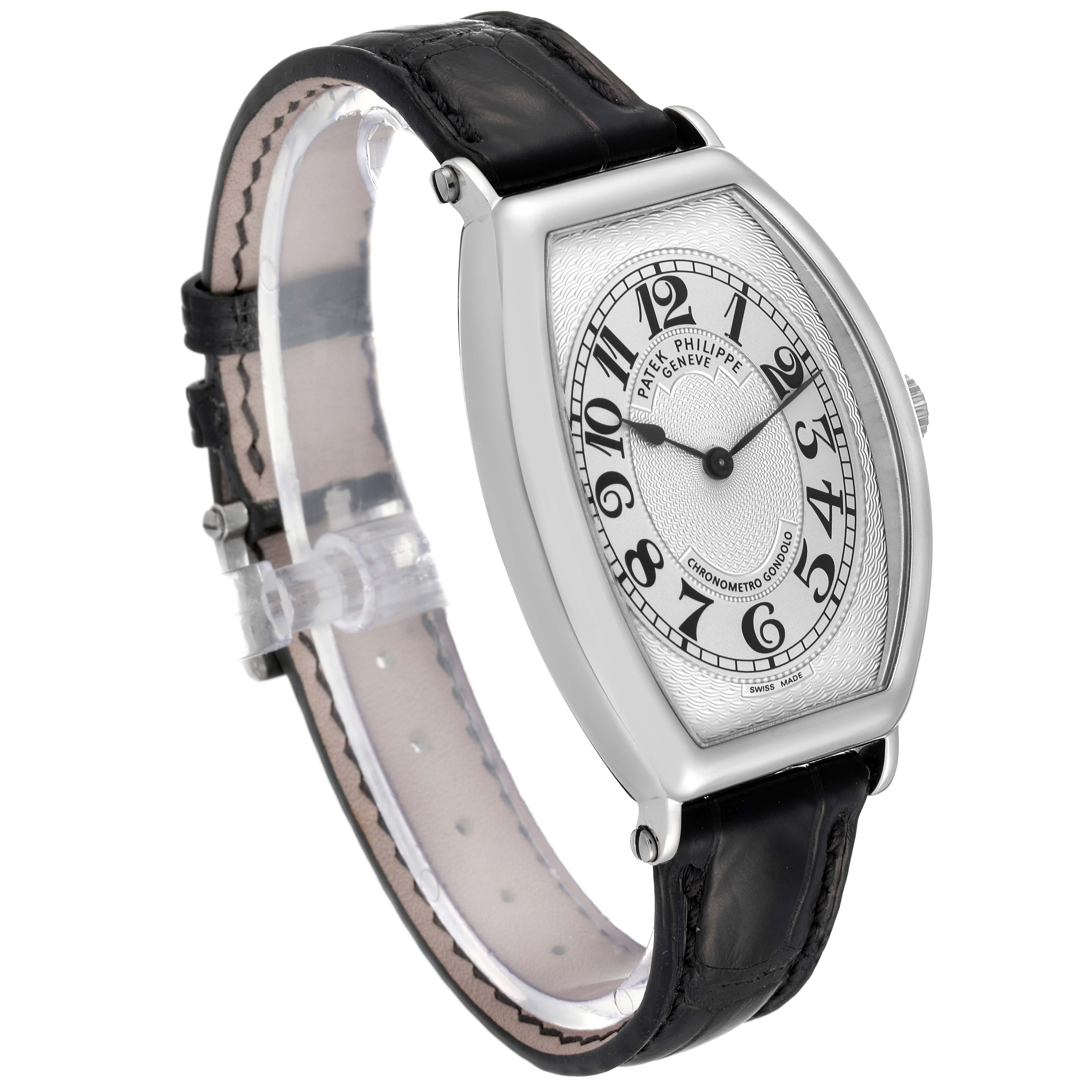 The image shows a side and front view of the Patek Philippe Gondolo 5098P Men's Platinum Silver Dial 5098P Men's Platinum Silver Dial watch with a black leather strap.