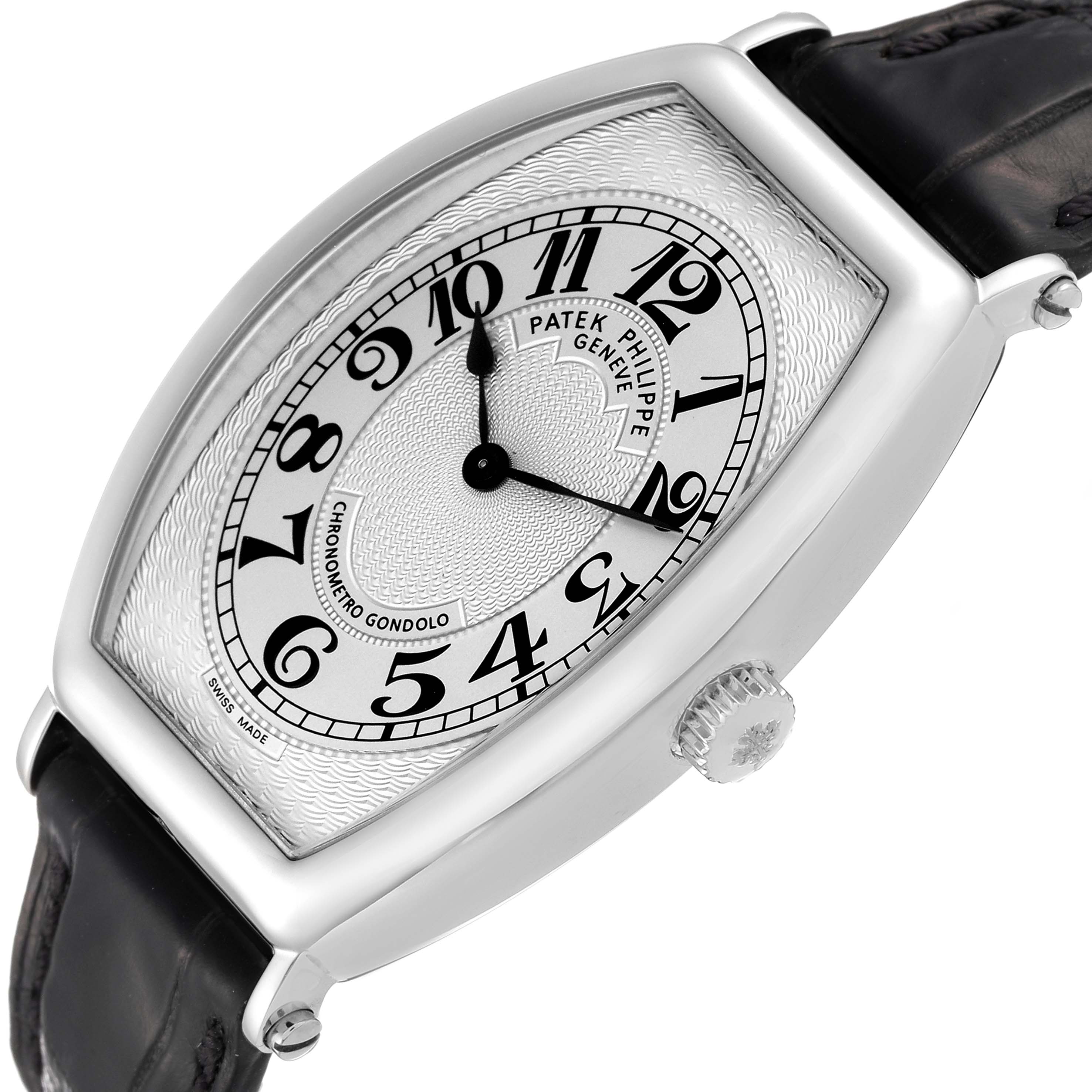 The image shows a Patek Philippe Gondolo 5098P Men's Platinum Silver Dial 5098P Men's Platinum Silver Dial watch from a side angle, highlighting the face, crown, and leather strap.