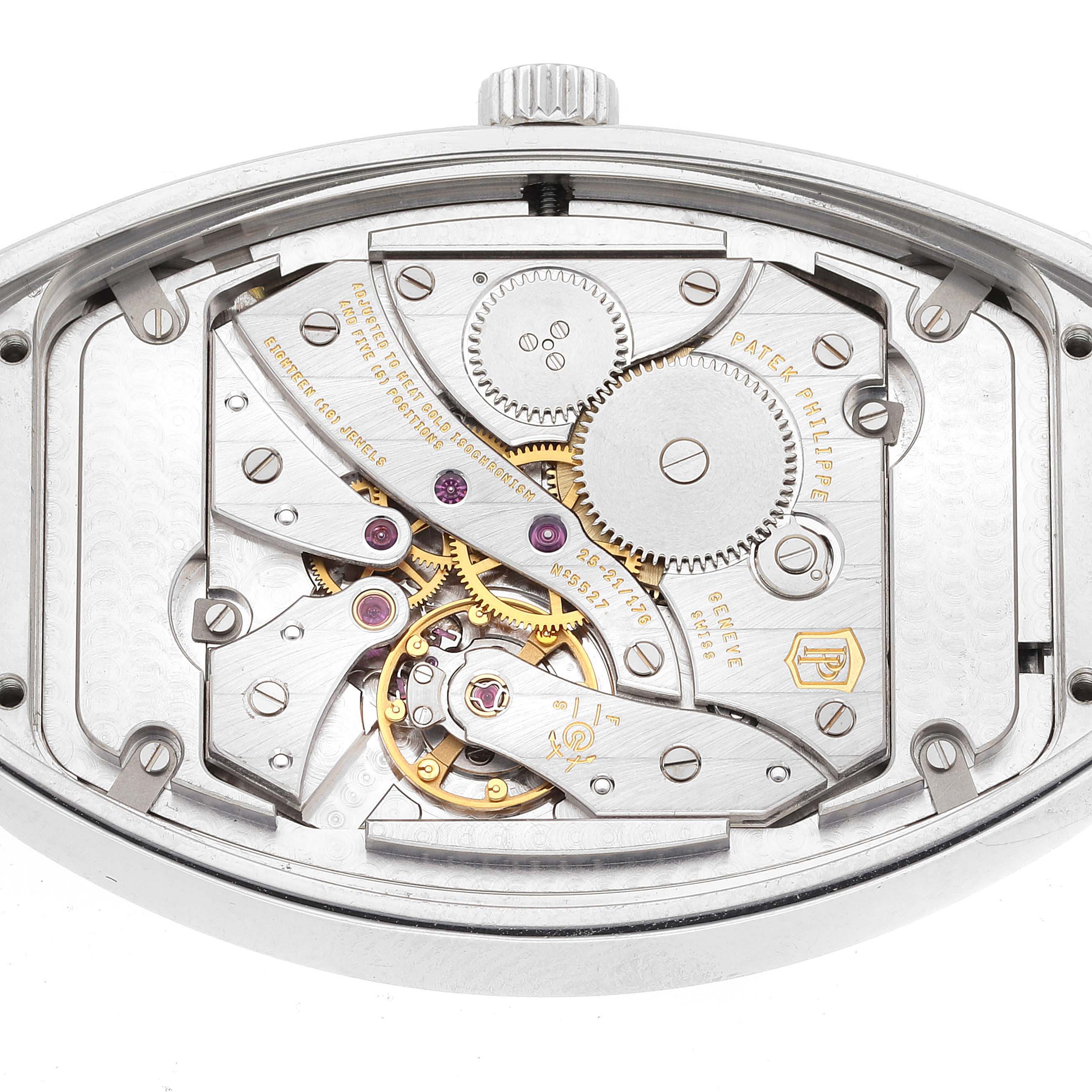 The image shows the intricate internal mechanism of the Patek Philippe Gondolo 5098P Men's Platinum Silver Dial 5098P Men's Platinum Silver Dial watch from a top-down angle.