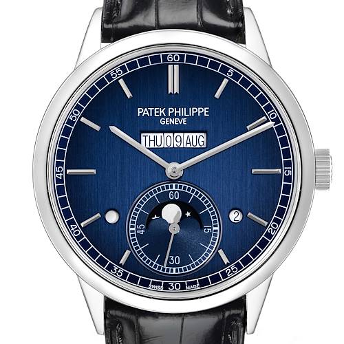 The Patek Philippe Complications 5236P Men's Platinum Blue Dial watch is shown from the front, displaying the dial, hands, date, and moon phase.