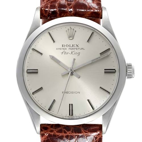 This image shows a front view of the Rolex Vintage Collection 5500 Men's Stainless Steel Silver Dial 5500 Men's Stainless Steel Silver Dial Air-King watch, featuring its face, dial, and crown, with a brown leather strap.