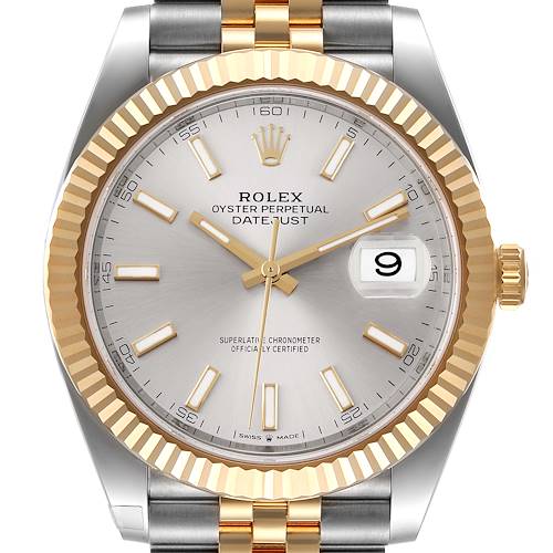 The image shows a front angle of the Rolex Datejust 41 126333 Men's Steel and Gold (two tone) Silver Dial 126333 Men's Steel and Gold (two tone) Silver Dial, highlighting its dial, bezel, crown, and part of the bracelet.