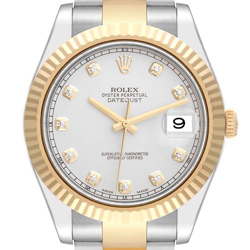 The image shows a front view of the Rolex Datejust 41 116333 Men's Steel and Gold (two tone) Silver Dial 116333 Men's Steel and Gold (two tone) Silver Dial model, highlighting its dial, hands, bezel, and part of the bracelet.
