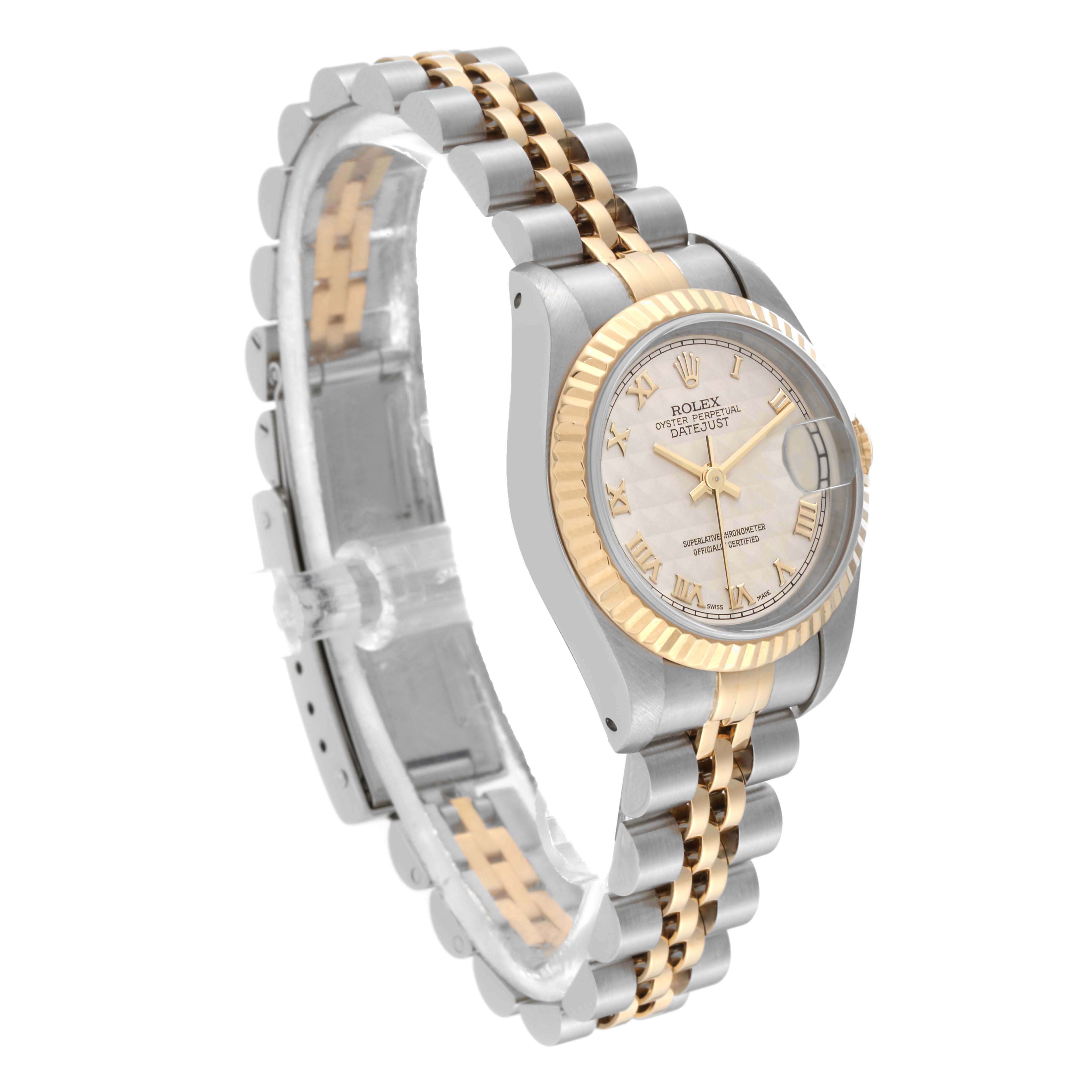 The image shows a side angle of a Rolex Datejust 69173 Women's Steel and Gold (two tone) Beige Dial 69173 Women's Steel and Gold (two tone) Beige Dial watch, highlighting its two-tone bracelet, bezel, and dial.