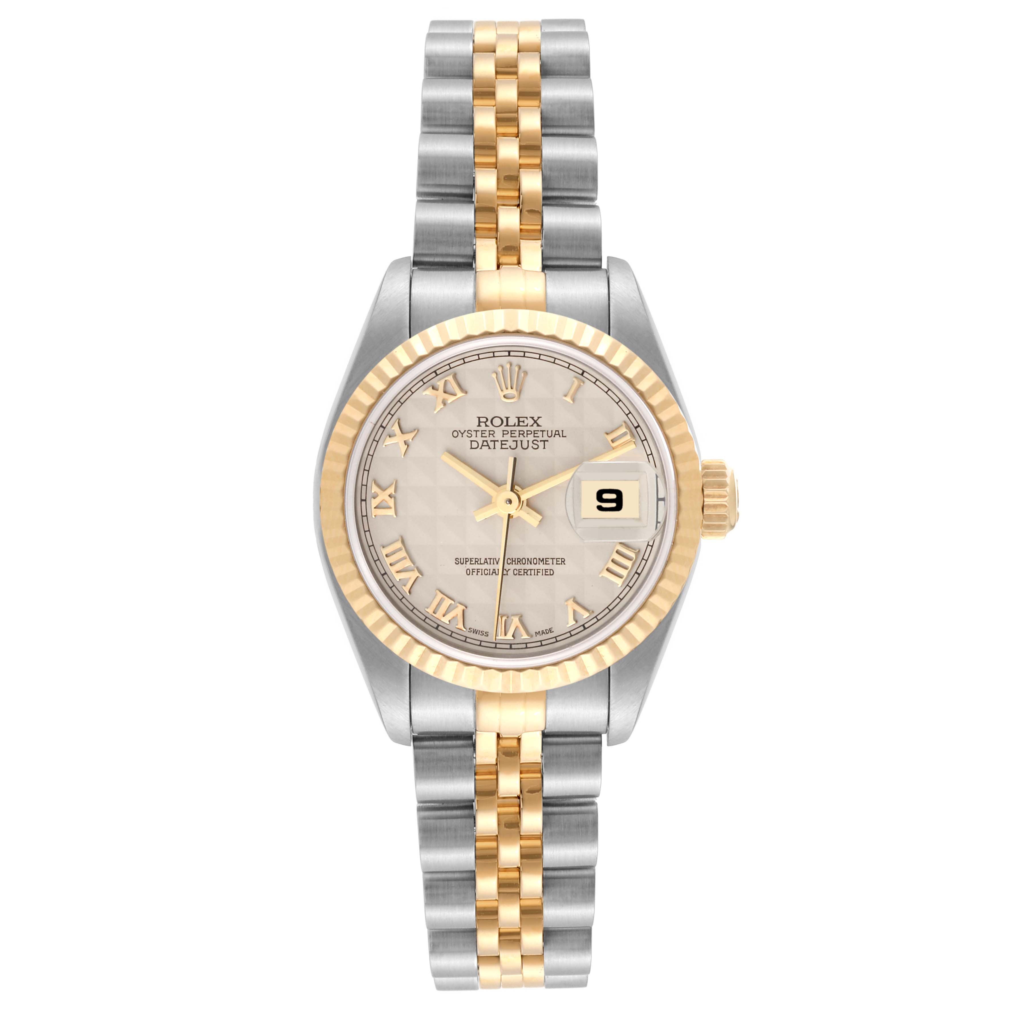 This image shows a Rolex Datejust 69173 Women's Steel and Gold (two tone) Beige Dial 69173 Women's Steel and Gold (two tone) Beige Dial watch from a top-down view, displaying its dial, bezel, and two-tone bracelet.