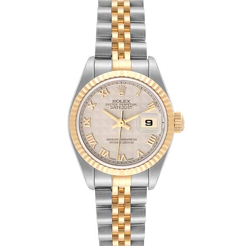 The image shows a front view of a Rolex Datejust 69173 Women's Steel and Gold (two tone) Beige Dial 69173 Women's Steel and Gold (two tone) Beige Dial watch, featuring a dual-tone metal band, fluted bezel, and date display.