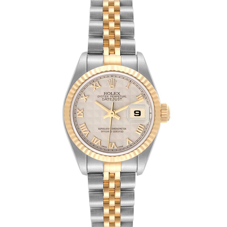This Rolex Datejust 69173 Women's Steel and Gold (two tone) Beige Dial 69173 Women's Steel and Gold (two tone) Beige Dial watch is shown from the front, displaying its face, dial, fluted bezel, and two-tone bracelet.