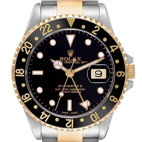 The image shows a Rolex GMT-Master 16713 Men's Steel and Gold (two tone) Black Dial 16713 Men's Steel and Gold (two tone) Black Dial II watch, highlighting its dial, bezel, hands, and part of the bracelet from a front-facing angle.