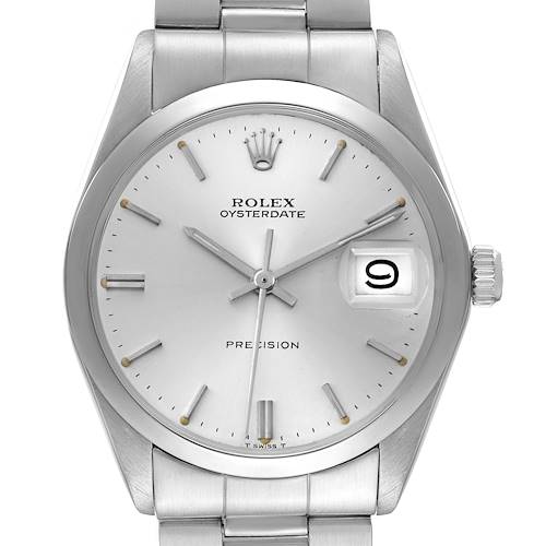 The image shows a front view of the Rolex Vintage Collection 6694 Men's Stainless Steel Silver Dial 6694 Men's Stainless Steel Silver Dial Oysterdate Precision watch, highlighting the dial, hands, crown, and bracelet.