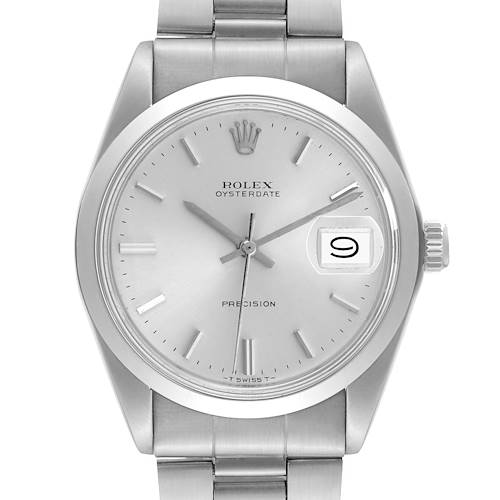 This image shows a front view of the Rolex Vintage Collection 6694 Men's Stainless Steel Silver Dial 6694 Men's Stainless Steel Silver Dial Oysterdate watch, highlighting its dial, hands, and date window.