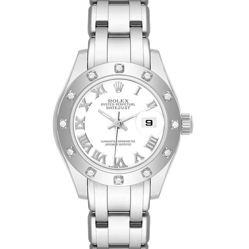 The image shows a front view of the Rolex Pearlmaster 80319 Women's White Gold White Dial 80319 Women's White Gold White Dial watch, highlighting its face, bezel, dial, and bracelet.