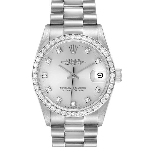 This image shows a front view of a Rolex President 68286 Women's Platinum Silver Dial 68286 Women's Platinum Silver Dial model watch, displaying its face, bezel, and bracelet.