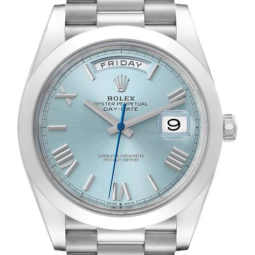 The image shows a frontal view of a Rolex President 228206 Men's Platinum Blue Dial 228206 Men's Platinum Blue Dial model watch, highlighting its dial, day-date display, and part of the bracelet.