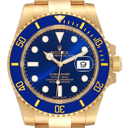 This Rolex Submariner 116618 Men's Yellow Gold Blue Dial 116618 Men's Yellow Gold Blue Dial watch is shown from the front, highlighting the blue dial, gold bezel, and watch hands.