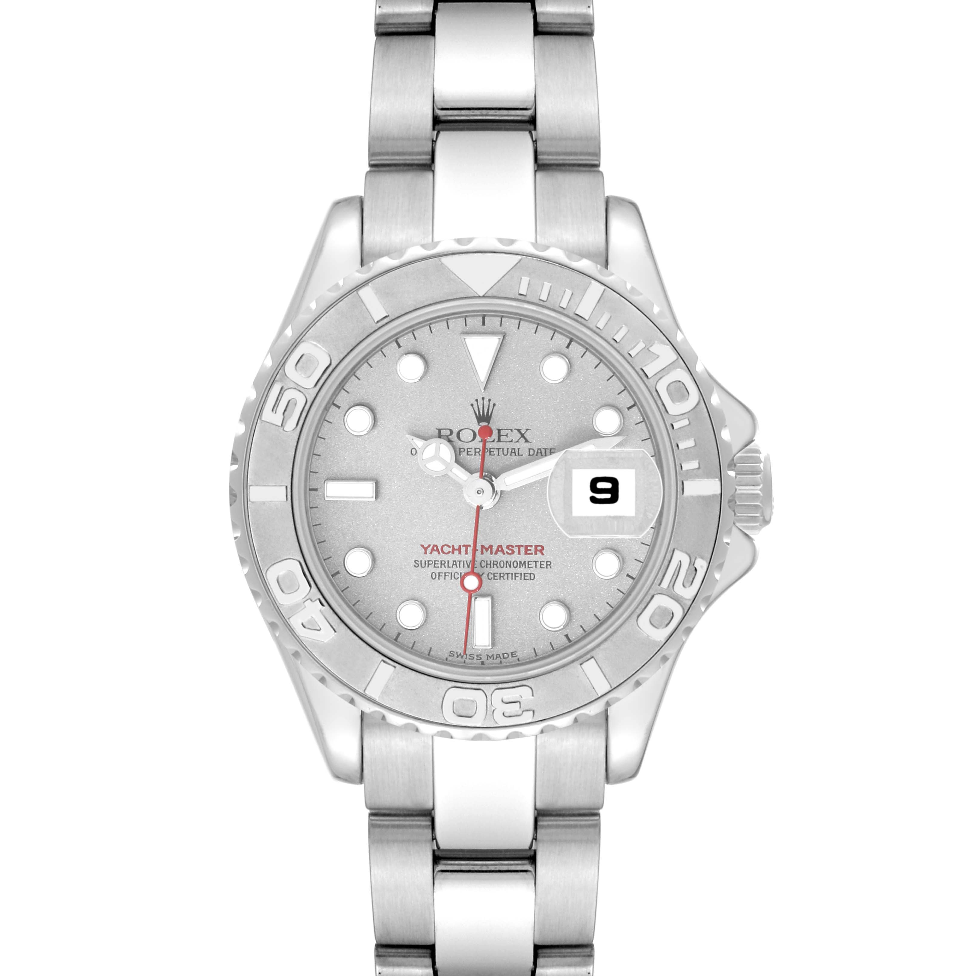 This is a front view of the Rolex Yacht-Master 169622 Women's Stainless Steel Silver Dial 169622 Women's Stainless Steel Silver Dial watch, showing the dial, bezel, hands, and bracelet.