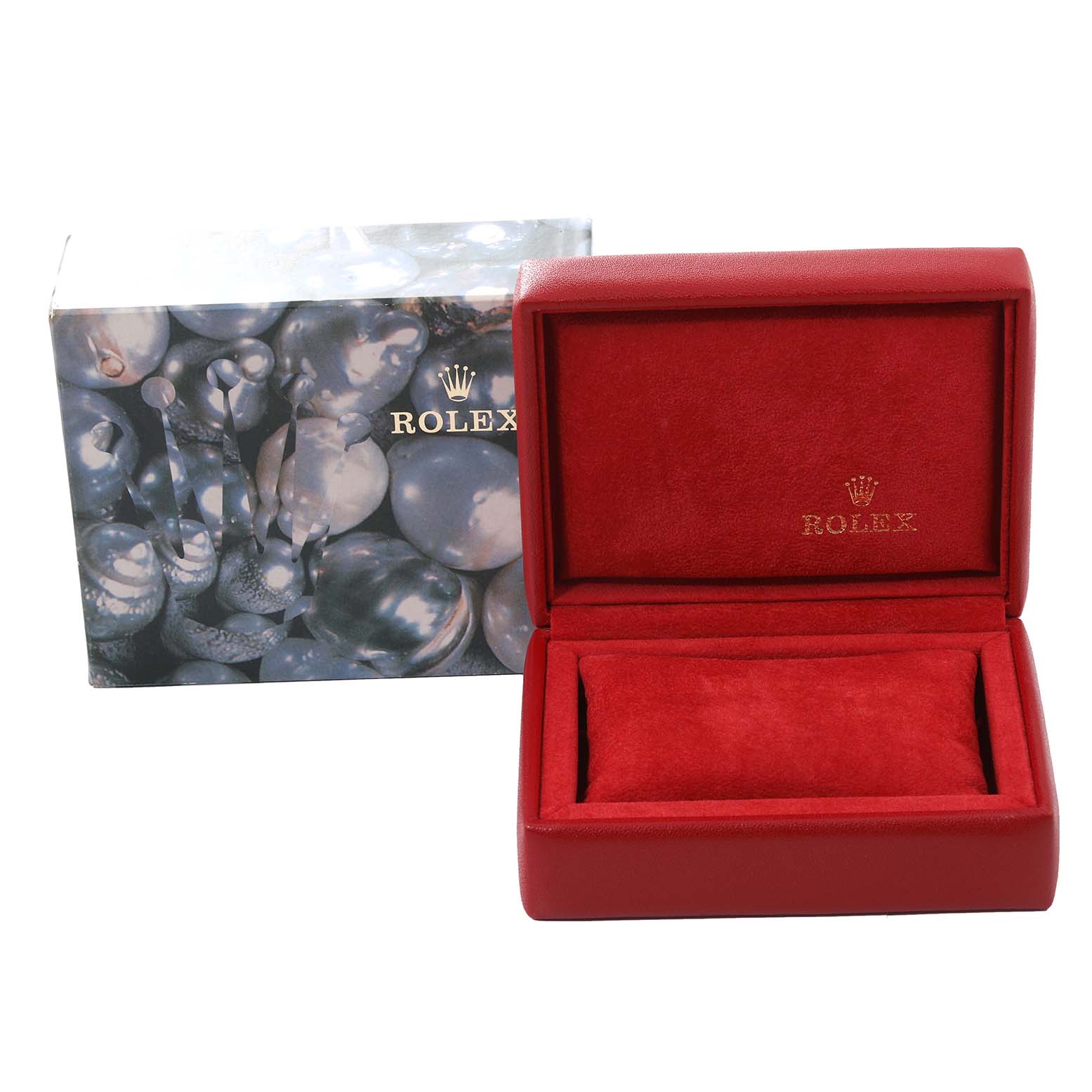 The image shows a red Rolex Yacht-Master 169622 Women's Stainless Steel Silver Dial 169622 Women's Stainless Steel Silver Dial watch box and its outer packaging.