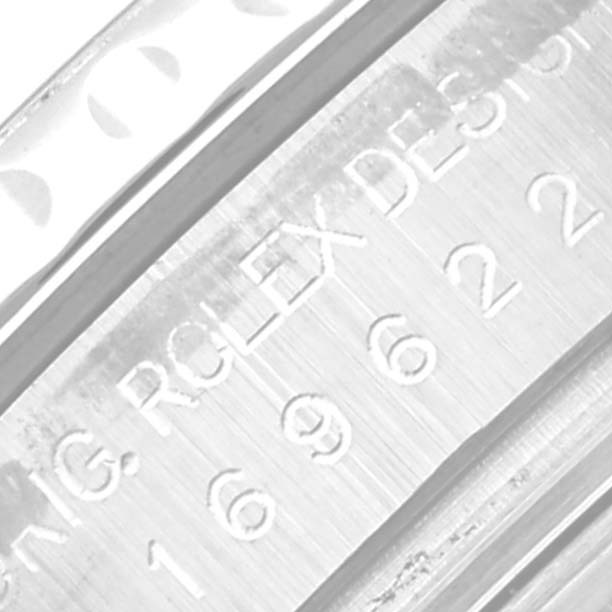 This close-up image shows the engraved inner bezel of a Rolex Yacht-Master 169622 Women's Stainless Steel Silver Dial 169622 Women's Stainless Steel Silver Dial watch.