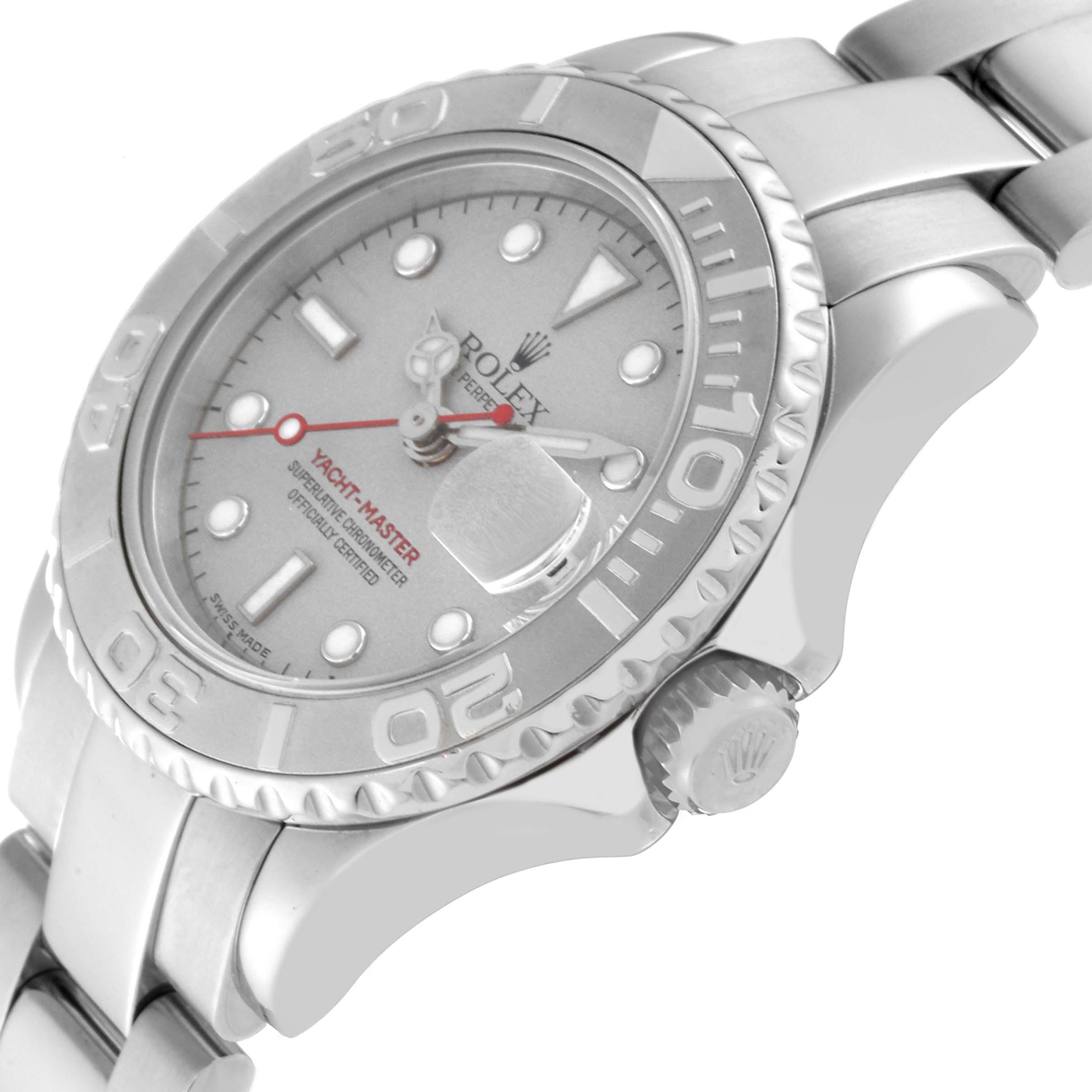 The Rolex Yacht-Master 169622 Women's Stainless Steel Silver Dial 169622 Women's Stainless Steel Silver Dial watch is shown at an angled side view, highlighting its face, bezel, and part of the bracelet.