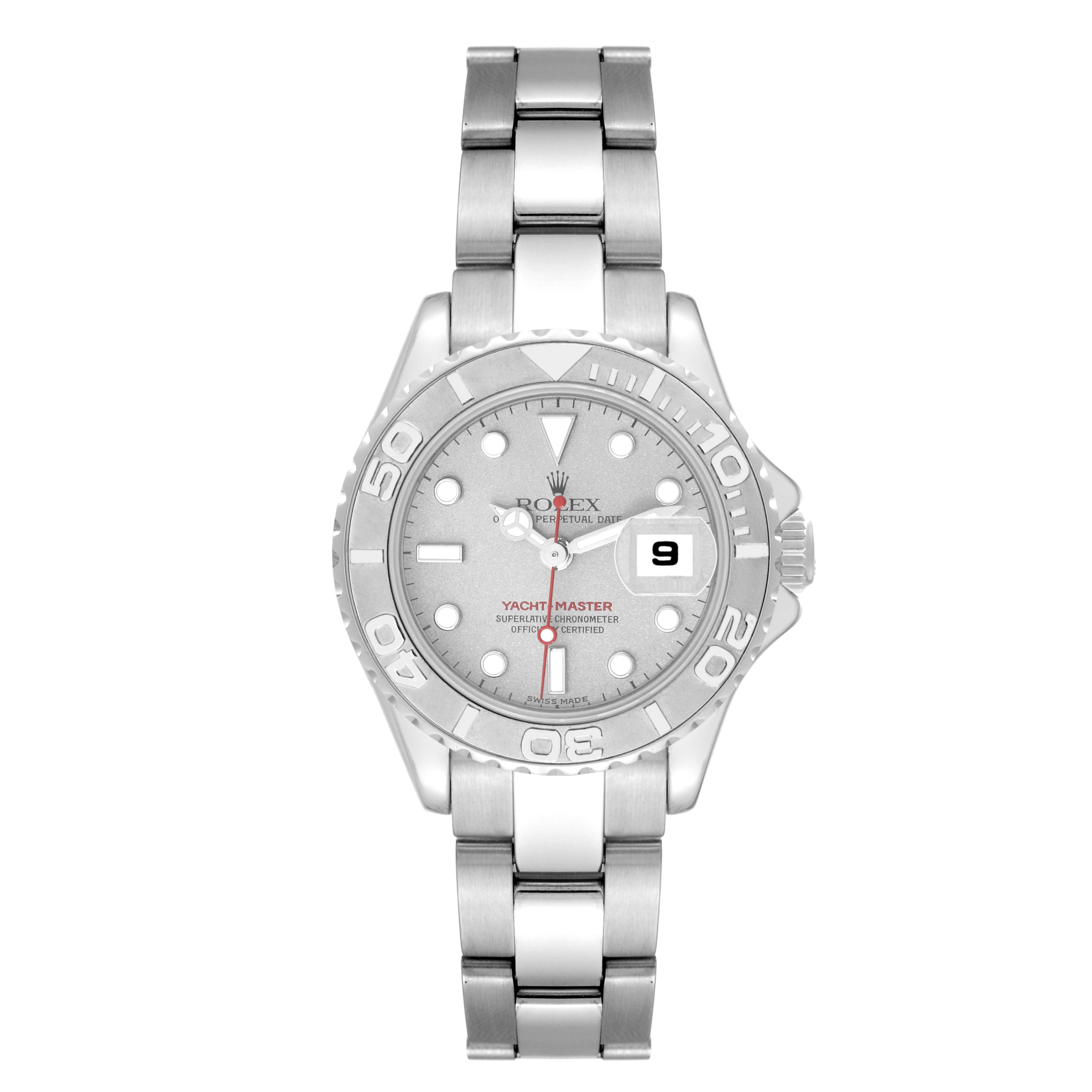 This image shows a front view of the Rolex Yacht-Master 169622 Women's Stainless Steel Silver Dial 169622 Women's Stainless Steel Silver Dial watch, highlighting its dial, bezel, and bracelet.