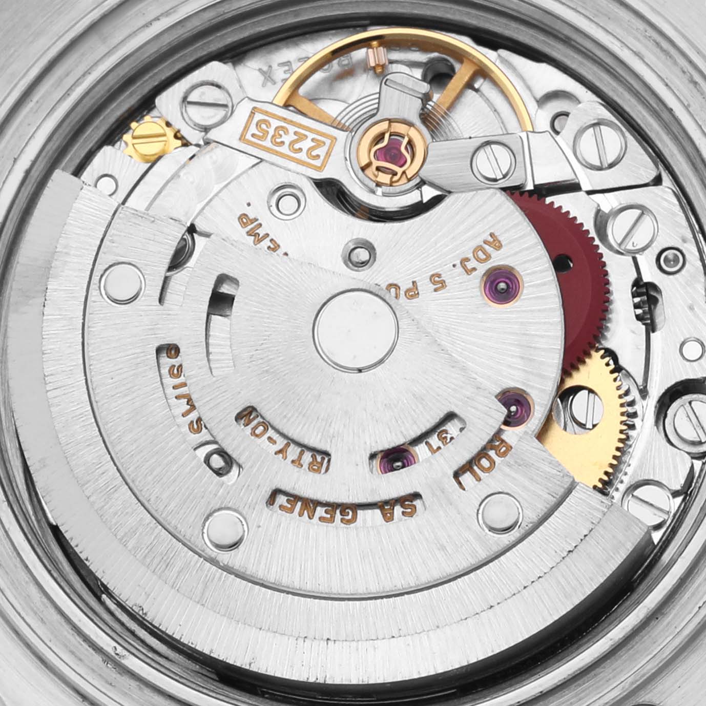 The image shows a close-up of the movement mechanism inside a Rolex Yacht-Master 169622 Women's Stainless Steel Silver Dial 169622 Women's Stainless Steel Silver Dial watch.