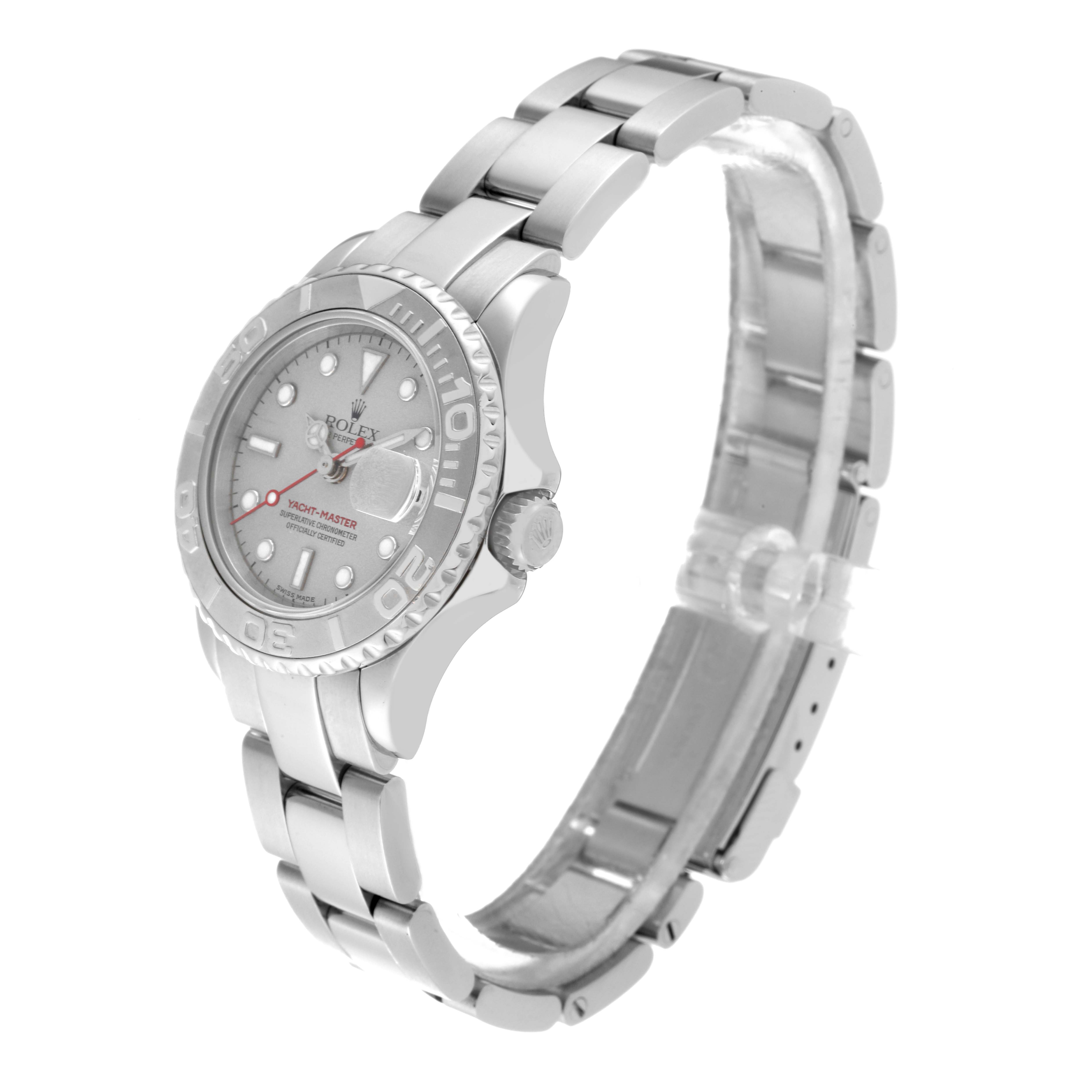 The image shows a Rolex Yacht-Master 169622 Women's Stainless Steel Silver Dial 169622 Women's Stainless Steel Silver Dial watch from an angled side view, highlighting the band, bezel, and part of the dial.