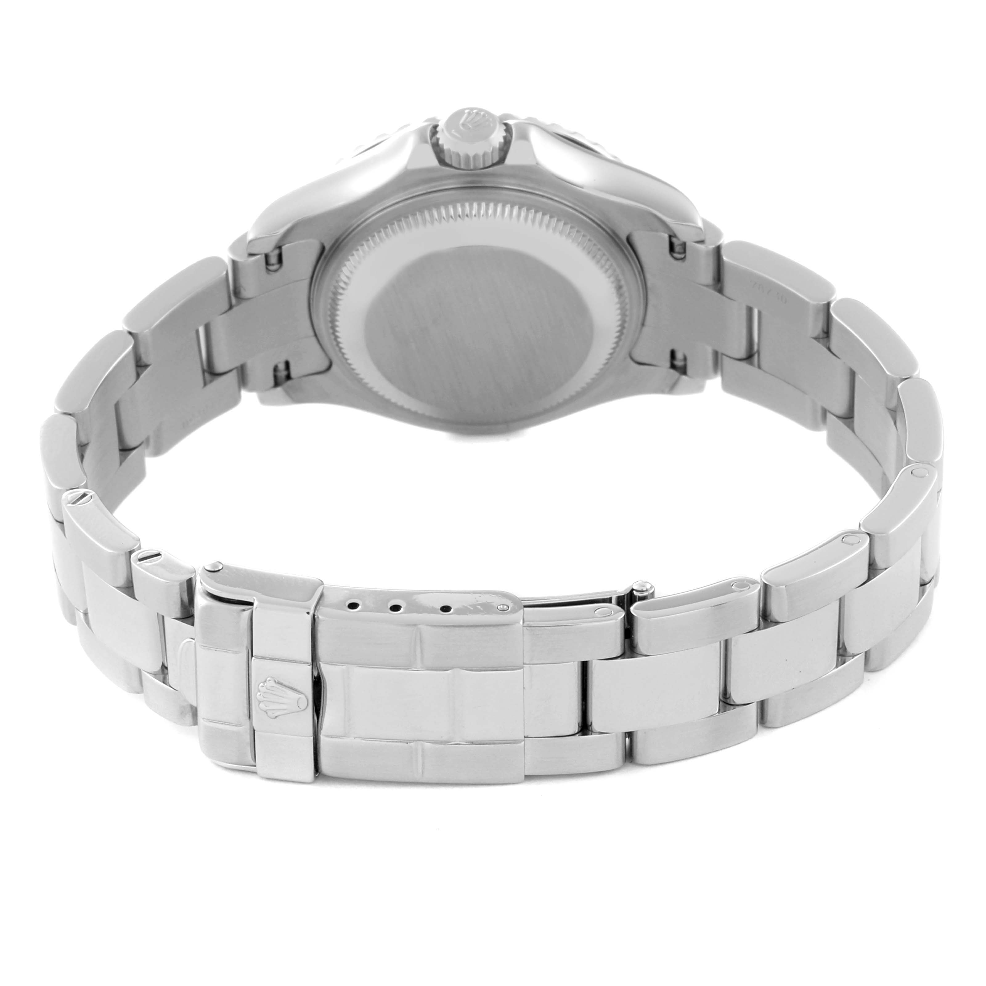 This image shows the back and bracelet of a Yacht-Master Rolex watch from a rear angle.