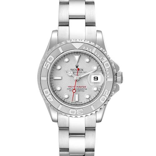 This image shows the front view of the Rolex Yacht-Master 169622 Women's Platinum Silver Dial 169622 Women's Platinum Silver Dial watch, displaying the dial, bezel, and bracelet.