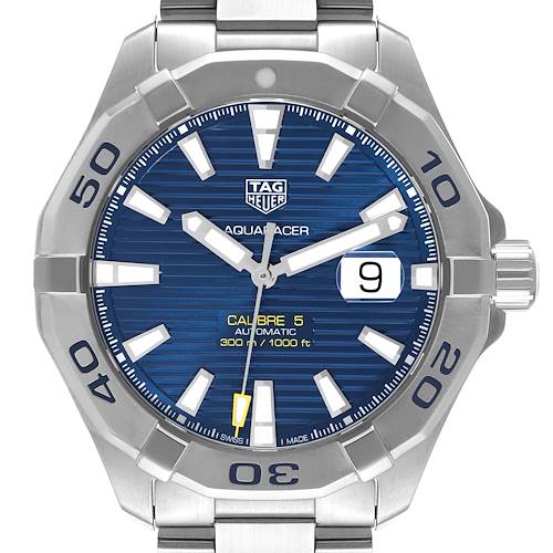 The image shows a front view of the Tag Heuer Aquaracer WAY2012.BA0927 Men's Stainless Steel Blue Dial WAY2012.BA0927 Men's Stainless Steel Blue Dial watch with a blue dial, bezel, and date display.
