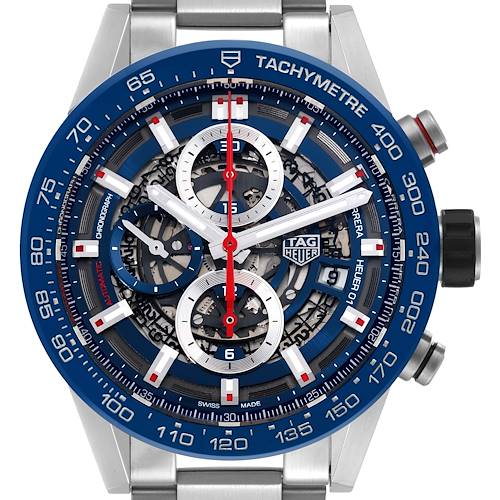 The image shows a frontal view of a Tag Heuer Carrera CAR201T Men's Stainless Steel Blue Dial CAR201T Men's Stainless Steel Blue Dial watch, highlighting the dial, tachymeter bezel, and chronograph subdials.