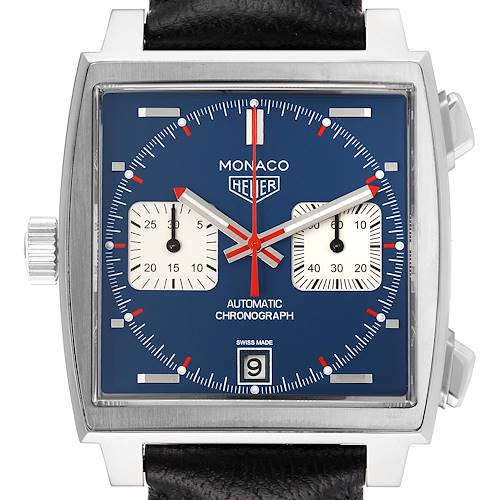 The image shows a front view of the Tag Heuer Monaco CAW211P Men's Stainless Steel Blue Dial CAW211P Men's Stainless Steel Blue Dial watch, displaying its blue dial, two sub-dials, and date window.