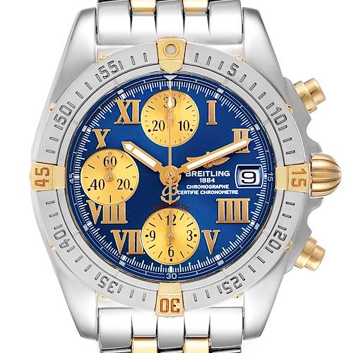 The Breitling Professional Series B13358 Men's Steel and Gold (two tone) Blue Dial B13358 Men's Steel and Gold (two tone) Blue Dial watch is shown from a front angle, displaying its blue dial, gold subdials, and two-tone bracelet.