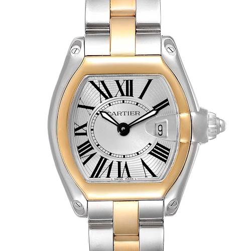This is a front view of the Cartier Roadster W62026Y4 Women's Steel and Gold (two tone) Silver Dial W62026Y4 Women's Steel and Gold (two tone) Silver Dial watch showing the dial, bezel, and part of the bracelet.