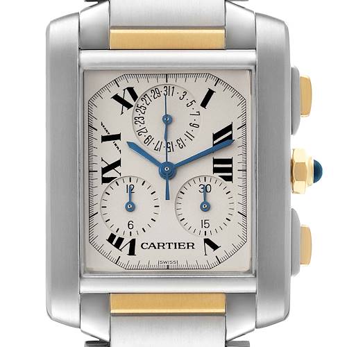 The image shows a direct front view of the Cartier Tank Francaise W51004Q4 Men's Stainless Steel Silver Dial W51004Q4 Men's Stainless Steel Silver Dial watch, highlighting the face, dials, and part of the bracelet.