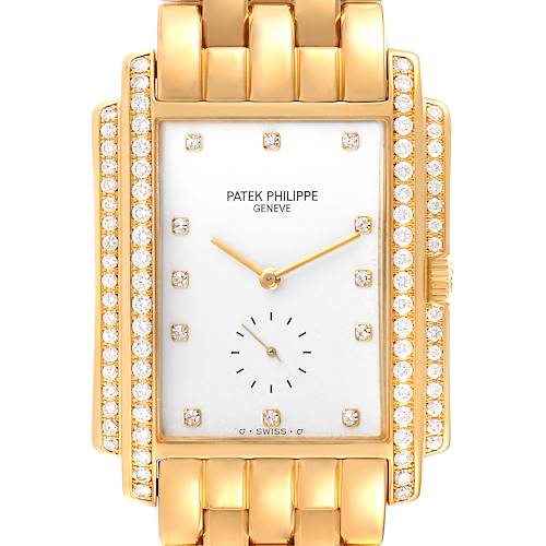 This is a frontal view of the Patek Philippe Gondolo 5025/1J Men's Yellow Gold White Dial 5025/1J Men's Yellow Gold White Dial watch highlighting its gold case, diamond bezel, and bracelet.