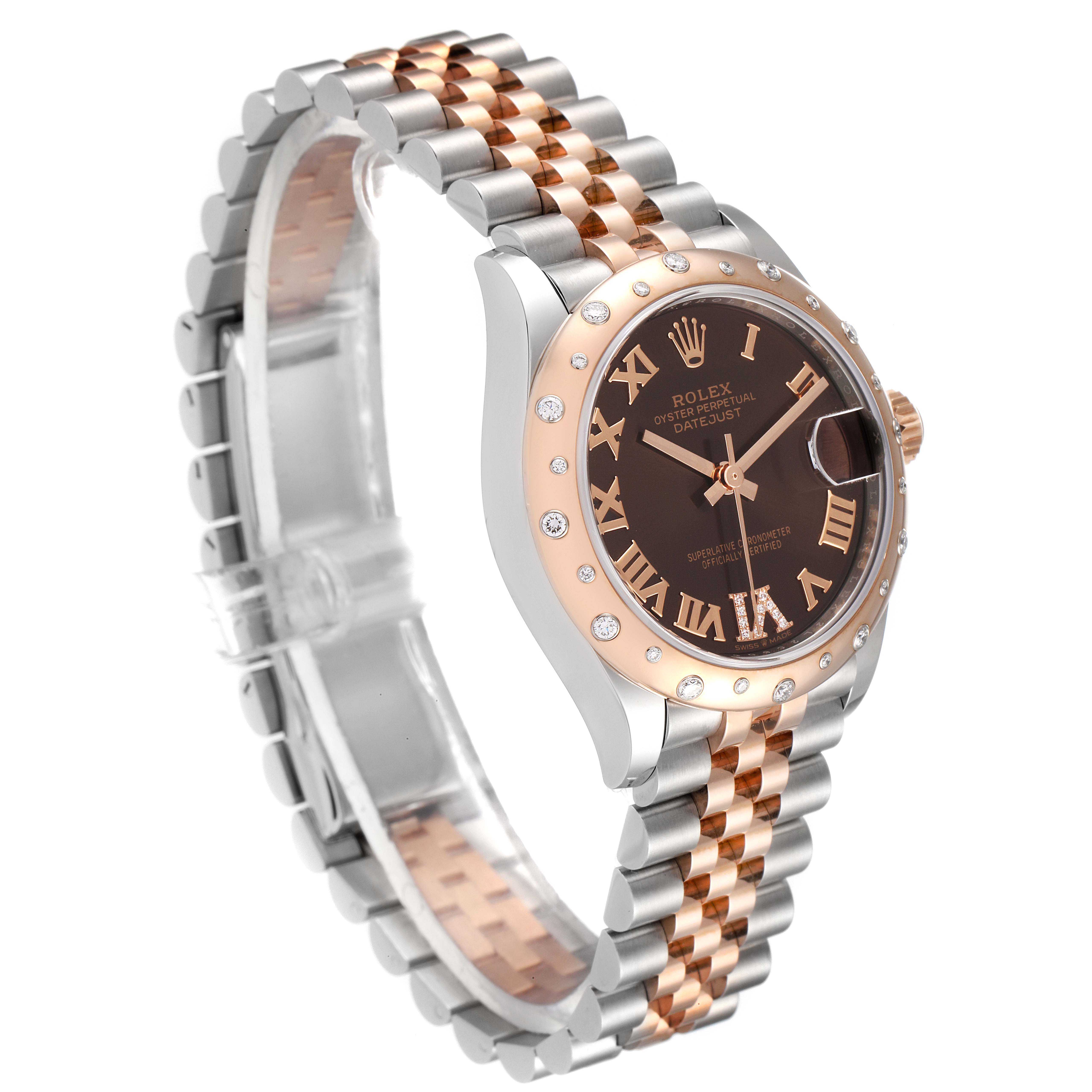 This image shows a side angle of a Rolex Mid-Size 278341 Women's Steel and Gold (two tone) Brown Dial 278341 Women's Steel and Gold (two tone) Brown Dial Datejust watch, highlighting the dial, bezel, crown, and two-tone bracelet.