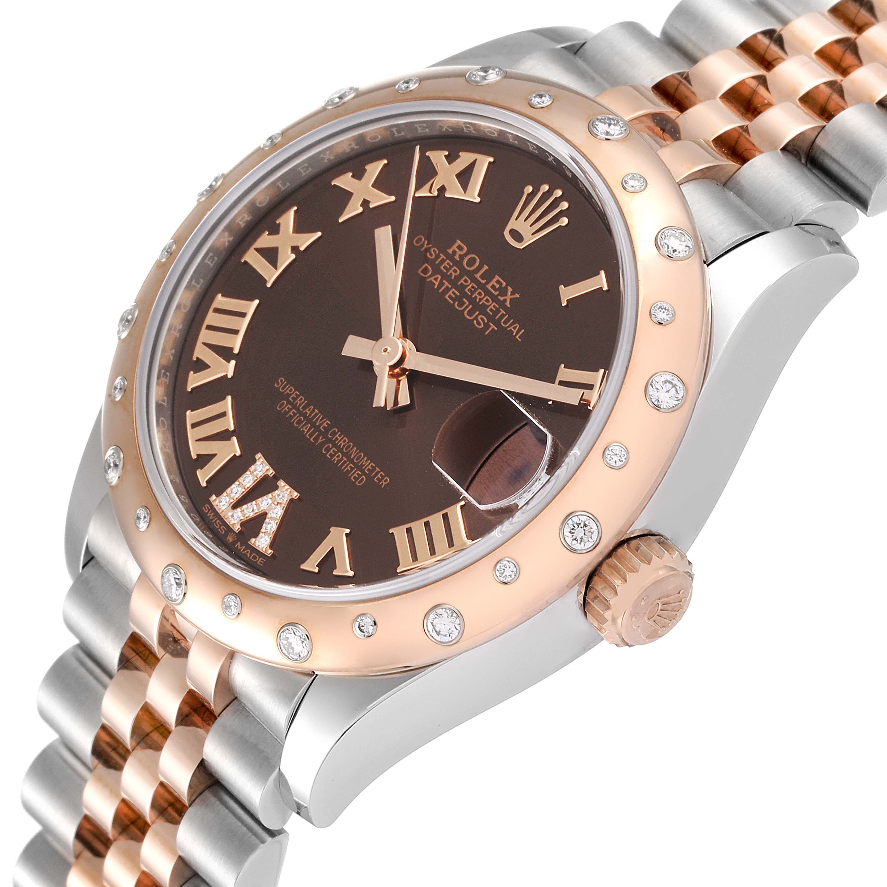 The image shows a close-up angle of the Rolex Mid-Size 278341 Women's Steel and Gold (two tone) Brown Dial 278341 Women's Steel and Gold (two tone) Brown Dial Datejust watch, highlighting its dial, bezel, crown, and part of the bracelet.
