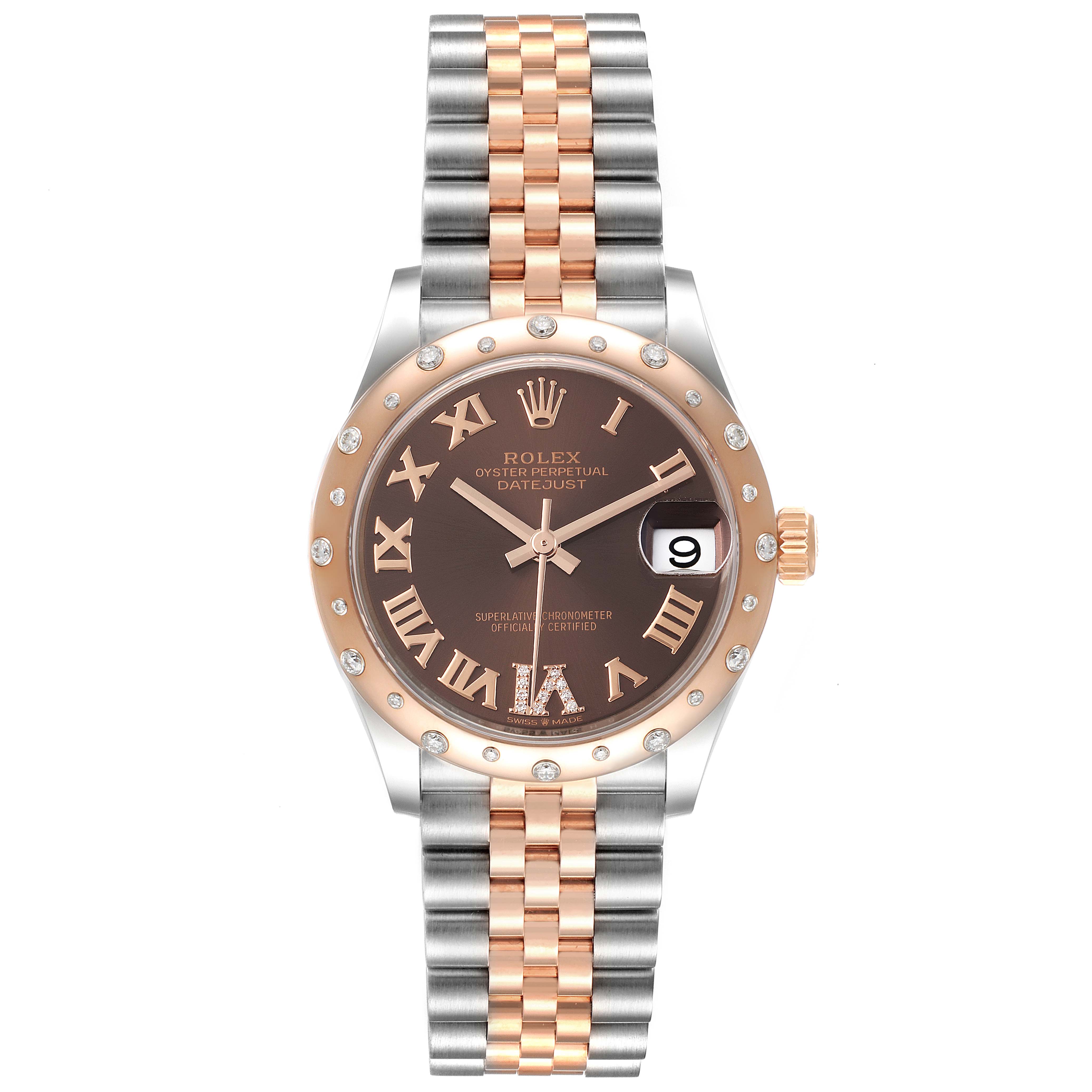 This image shows a front view of the Rolex Mid-Size 278341 Women's Steel and Gold (two tone) Brown Dial 278341 Women's Steel and Gold (two tone) Brown Dial Oyster Perpetual Datejust, highlighting the face, bezel, and bracelet.
