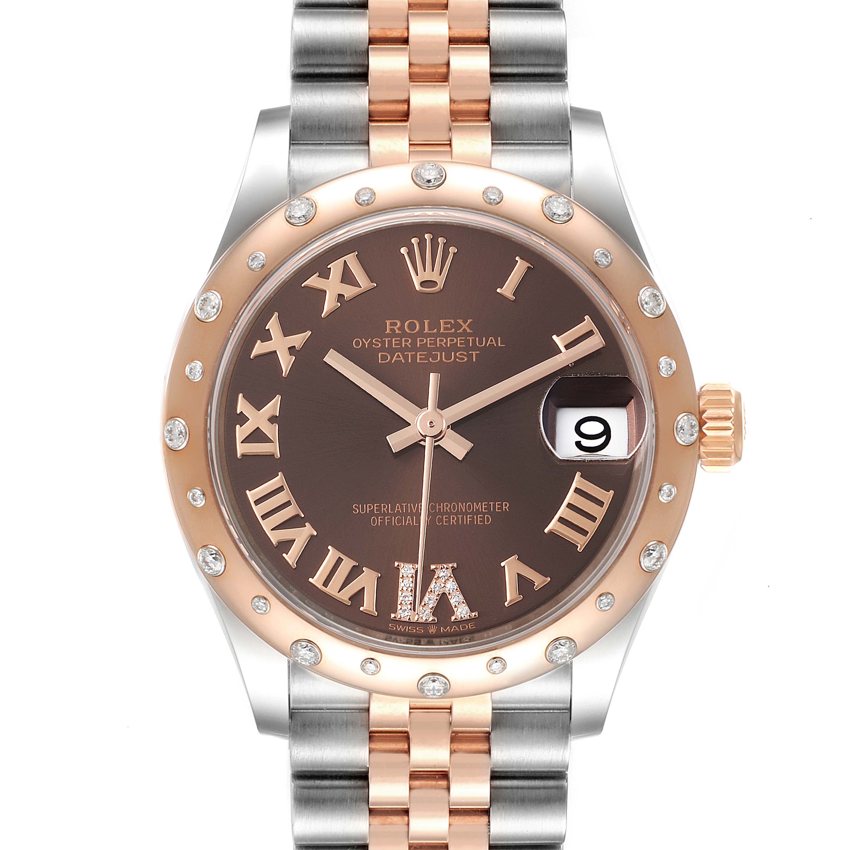 This Rolex Mid-Size 278341 Women's Steel and Gold (two tone) Brown Dial 278341 Women's Steel and Gold (two tone) Brown Dial Datejust watch is shown from the front, displaying the dial, bezel, hands, and bracelet.