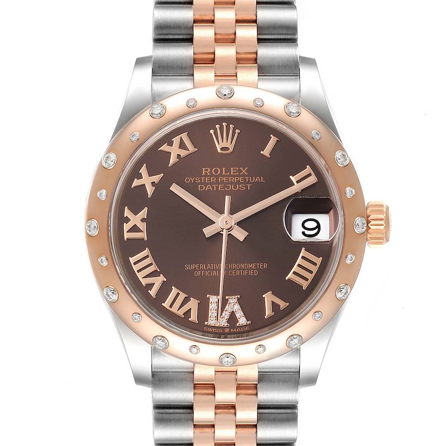 This Rolex Mid-Size 278341 Women's Steel and Gold (two tone) Brown Dial 278341 Women's Steel and Gold (two tone) Brown Dial Datejust watch is shown from the front, displaying the dial, bezel, hands, and bracelet.