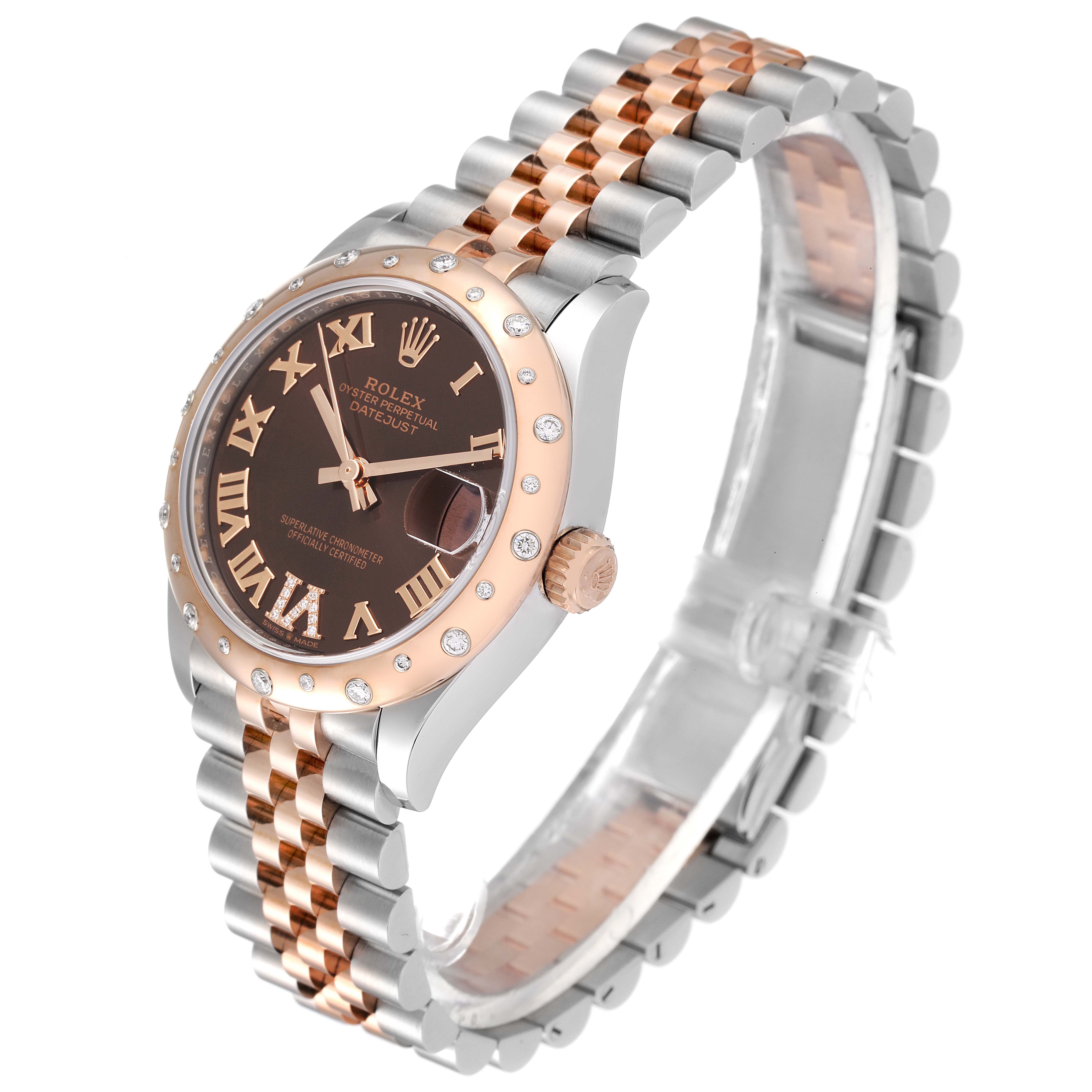 This Rolex Mid-Size 278341 Women's Steel and Gold (two tone) Brown Dial 278341 Women's Steel and Gold (two tone) Brown Dial watch is shown at an angled view displaying the dial, bezel, crown, and Jubilee bracelet.