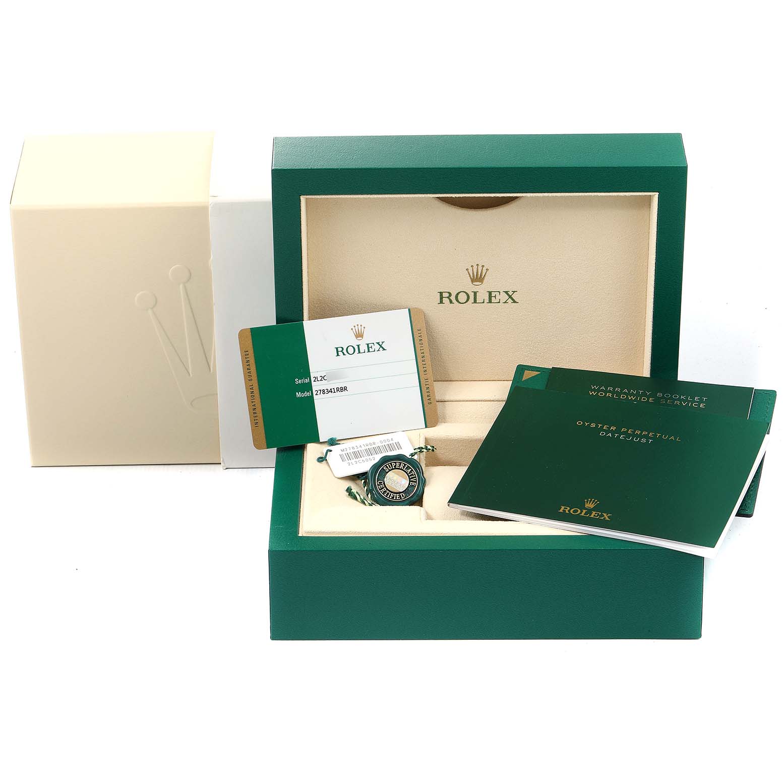 The image shows the packaging, warranty booklet, and certification card for a Rolex Mid-Size 278341 Women's Steel and Gold (two tone) Brown Dial 278341 Women's Steel and Gold (two tone) Brown Dial model watch.