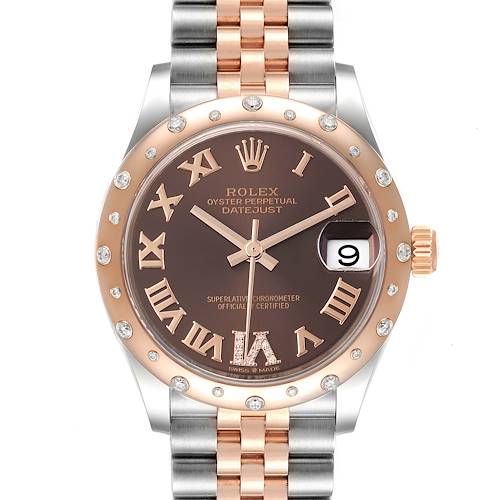 The image displays a front view of the Rolex Mid-Size 278341 Women's Steel and Gold (two tone) Brown Dial 278341 Women's Steel and Gold (two tone) Brown Dial Datejust watch, showing its dial, bezel, and bracelet.