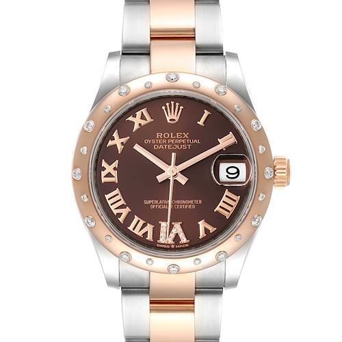 This is a front view of a Rolex Oyster Perpetual Datejust Mid-Size watch, showcasing its rose gold and stainless steel design.