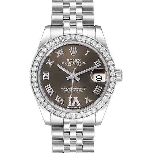 The image shows a front view of the Rolex Mid-Size 178384 Women's Stainless Steel Brown Dial 178384 Women's Stainless Steel Brown Dial Oyster Perpetual Datejust watch with a diamond bezel and Roman numeral markers.