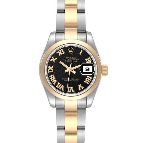 The image shows a front view of a Rolex Datejust 179163 Women's Steel and Gold (two tone) Black Dial 179163 Women's Steel and Gold (two tone) Black Dial watch featuring a two-tone bracelet and a black dial with gold Roman numerals.