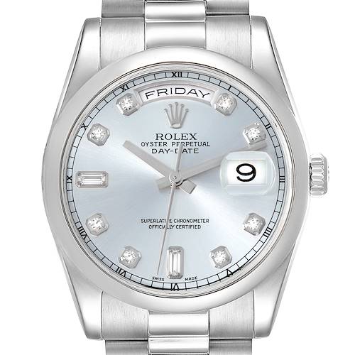 This is a front-facing view of the Rolex President 118206 Men's Platinum Blue Dial 118206 Men's Platinum Blue Dial Day-Date watch, showcasing the dial, hands, day, and date features.