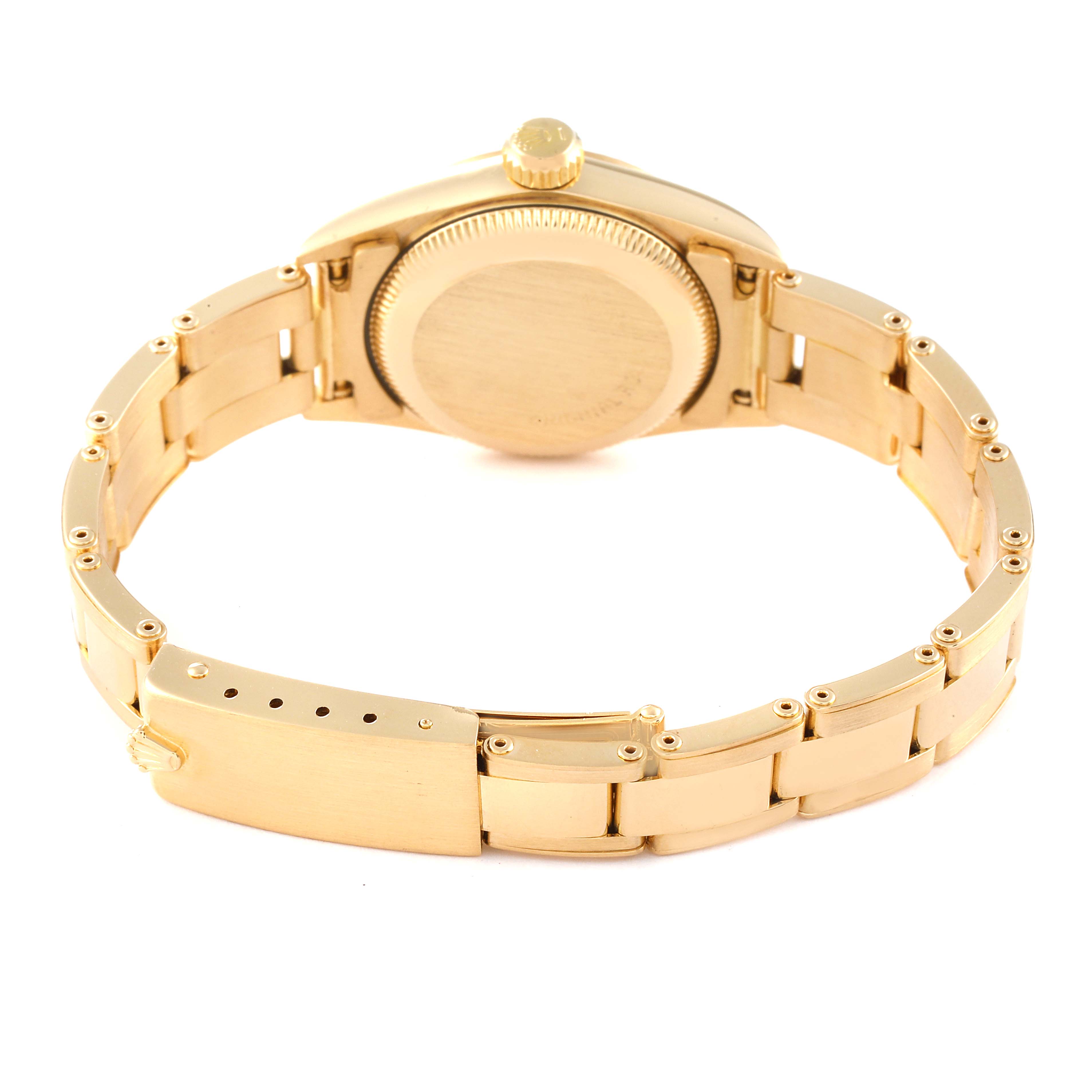 The image shows the back view of a Rolex Pearlmaster 67198 Women's Yellow Gold Black Dial 67198 Women's Yellow Gold Black Dial watch, highlighting its bracelet and clasp.