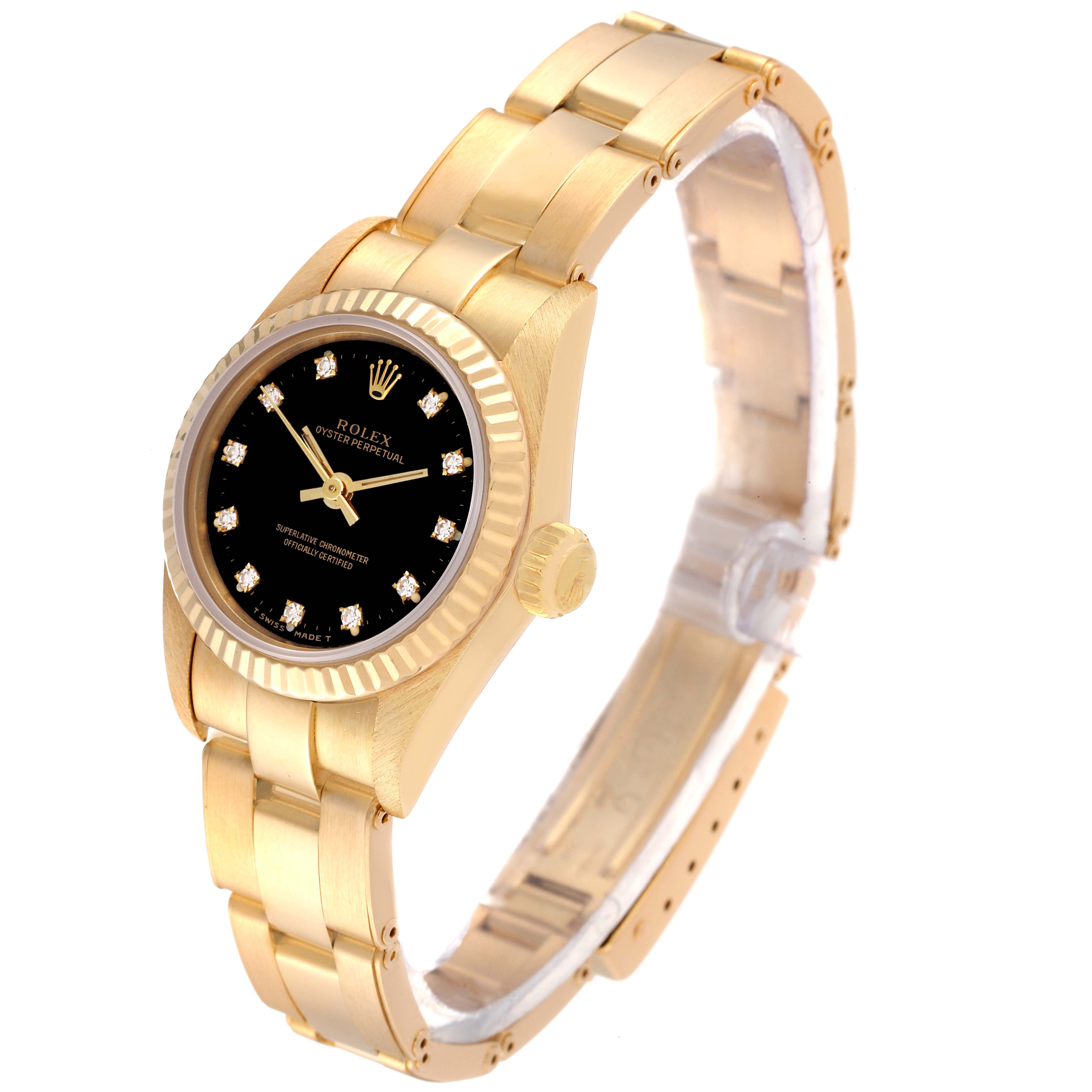 This image shows a Rolex Pearlmaster 67198 Women's Yellow Gold Black Dial 67198 Women's Yellow Gold Black Dial watch at an angle displaying the face, bezel, crown, and part of the bracelet.