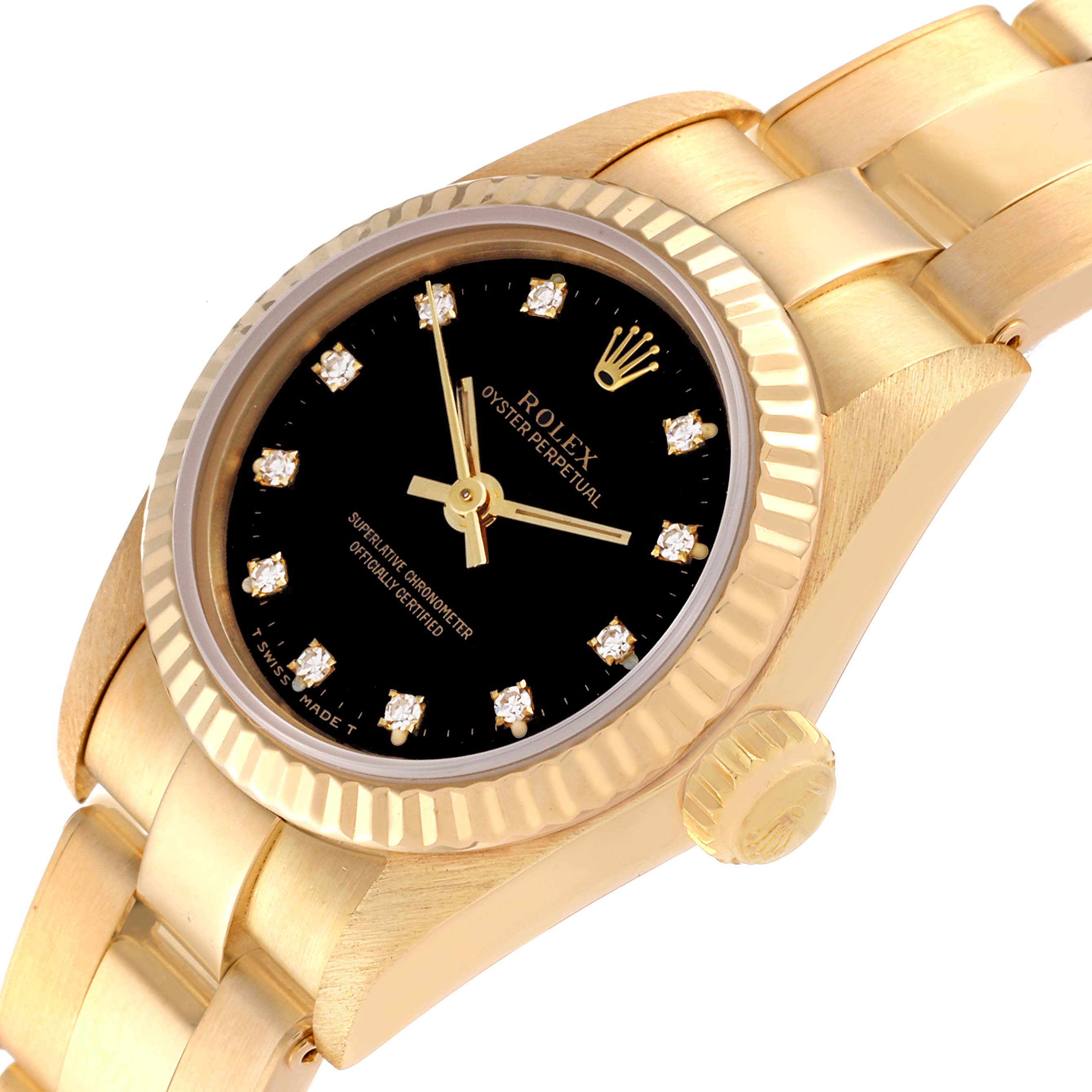 The Rolex Pearlmaster 67198 Women's Yellow Gold Black Dial 67198 Women's Yellow Gold Black Dial watch is shown at an angle highlighting its bracelet, crown, and diamond-studded dial.