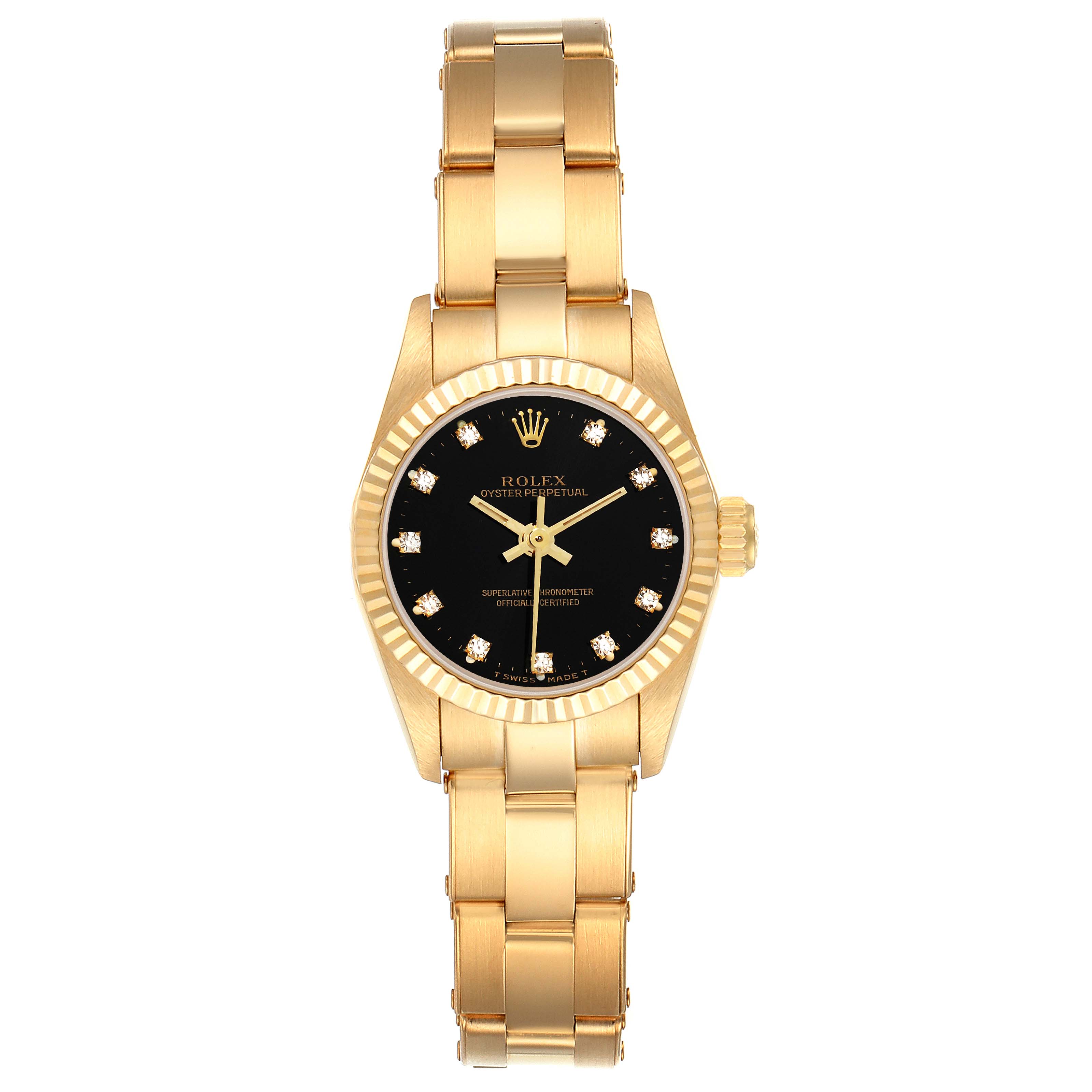 This image shows a front view of a Rolex Pearlmaster 67198 Women's Yellow Gold Black Dial 67198 Women's Yellow Gold Black Dial watch, highlighting its gold bracelet and black diamond-set dial.